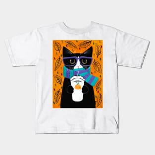 Autumn Coffee Tuxedo Cat Kids T-Shirt